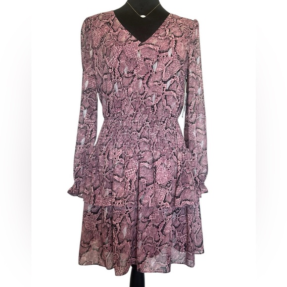 NWT 1. State Woman’s Xs Smocked Waist Snakeskin Print Ruffled V-Neck Dress - Picture 6 of 16